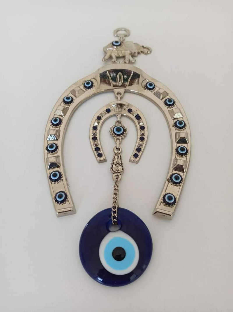 Erbulus Turkish Silver Horse Shoe Blue Evil Eye Wall Hanging Ornament with Elephant - Turkish Nazar Bead Amulet â€“ Home Protection and Good Luck Charm Gift in a Box - Image 3